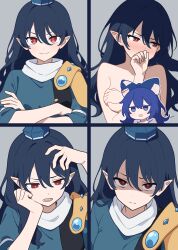 2girls absurdres blue_bow blue_dress blue_eyes blue_hair blue_hat blush bow closed_mouth commentary_request covering_nipples covering_own_mouth covering_privates dress hair_between_eyes hair_bow hat highres iizunamaru_megumu long_hair looking_at_viewer multiple_girls nose_blush open_mouth pointy_ears red_eyes shaded_face short_sleeves shoulder_guard smile snackdang tokin_hat touhou yorigami_shion