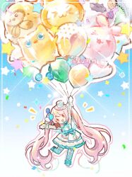 1girl absurdly_long_hair aqua_boots aqua_bow aqua_ribbon aqua_thighhighs arm_up artist_name balloon beanie_(infinity_nikki) blue_background blushbunny boots bow character_balloon cherilynorz children&#039;s_day commentary confetti dance_till_dawn_(infinity_nikki) deformed detached_sleeves dress english_commentary floating florasheep footwear_bow frilled_dress frills gloves gradient_background halftone happy hat highres holding holding_balloon hooded_owl_(infinity_nikki) infinity_nikki long_hair mini_hat mini_top_hat momo_(nikki) neck_ribbon nikki_(series) notice_lines official_alternate_costume open_mouth orange_eyes outline piecey pink_hair pleated_dress polka_dot polka_dot_bow ribbon ribbon_legwear smile solid_oval_eyes solo sparkle star_(symbol) strapless strapless_dress stuffed_animal stuffed_toy teddy_bear thighhighs top_hat twintails vertical-striped_sleeves very_long_hair waist_bow white_background white_dress white_gloves white_hat white_outline white_ribbon white_sleeves