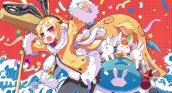 1girl :3 animal animal_ears animal_focus artist_name bat_wings bird black_pantyhose blonde_hair bow bowtie chinese_zodiac clenched_hand closed_eyes coat colored_skin confetti covered_navel demon_wings disgaea earmuffs fur-trimmed_jacket fur-trimmed_sleeves fur_trim heart hikimayu himenyuu jacket kine leotard long_sleeves makai_senki_disgaea_5 mallet mini_wings new_year open_mouth orange_skin pantyhose peg_leg penguin playboy_bunny pouch prinny rabbit rabbit_earmuffs rabbit_ears rabbit_girl rabbit_tail rabbits_foot red_background red_bow red_bowtie red_eyes rope_belt scarf short_eyebrows short_hair smile streamers tail thick_eyebrows usalia_(disgaea) white_scarf wings x_mouth year_of_the_rabbit yellow_coat yellow_jacket