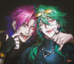 2boys absurdres black_gloves black_nails black_shirt blue_shirt colored_sclera dark ear_piercing eyewear_on_head ezreal fangs fingerless_gloves gloves green_eyes green_hair hair_between_eyes hand_on_another&#039;s_shoulder hand_to_own_mouth head_tilt heartsteel_ezreal heartsteel_kayn heterochromia highres jewelry kayn_(league_of_legends) league_of_legends licking_lips light_smile looking_at_viewer male_focus medium_hair multiple_boys night open_mouth orange_eyes parted_bangs piercing portrait purple_hair red_sclera ring shirt staryoruu sunglasses teeth tongue tongue_out tongue_piercing turtleneck yellow_nails