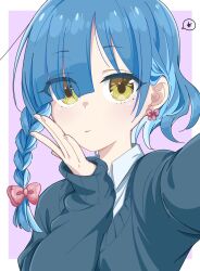 1girl bocchi_the_rock! chromatic_aberration commentary earrings hair_between_eyes hair_ribbon hand_on_own_face highres jewelry layered_shirt looking_at_viewer ribbon school_uniform short_hair simple_background symbol-only_commentary upper_body yamada_ryo