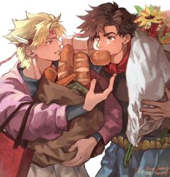 2boys aqua_shirt bag baguette battle_tendency black_shirt blonde_hair bouquet bread brown_eyes brown_hair caesar_anthonio_zeppeli carrot facial_mark feather_hair_ornament feathers flower food food_in_mouth hair_ornament headband highres holding holding_bouquet jacket jojo_no_kimyou_na_bouken joseph_joestar joseph_joestar_(young) looking_at_another male_focus multiple_boys pink_jacket rose shirt shopping_bag short_hair sunflower togusa_jj triangle_print watermark white_background