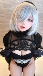 1girl 2b_(nier:automata) black_leotard blue_eyes breasts cleavage cosplay eyeliner female_focus frills gloves hairband japanese_(nationality) leotard licking_lips lipstick looking_at_viewer makeup medium_hair mole mole_under_mouth nagomitei_chu3 nier:automata nier_(series) photo_(medium) real_life solo solo_focus tongue tongue_out underwear white_hair