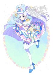 1girl adapted_costume aqua_background blue_eyes blue_hat blue_shoes blunt_bangs blunt_ends bow bow_legwear bright_pupils circle_skirt closed_mouth crown_earrings crown_print cure_nyammy dot_nose dress earrings epaulettes feet floating_clothes floating_hair flower frilled_sleeves frills full_body gloves grey_hair grid_background happy hat hat_feather hat_ornament heart heart_hat_ornament high_heels highres holding holding_instrument instrument jewelry leg_up light_blush long_hair looking_at_viewer magical_girl nekoyashiki_yuki pleated_dress ponytail precure puffy_short_sleeves puffy_sleeves pumps sash serizawa_serizane shako_cap shoes short_dress short_sleeves sleeve_bow smile solo swept_bangs tambourine thighhighs twitter_username two-tone_background very_long_hair watermark white_background white_bow white_dress white_gloves white_pupils white_thighhighs wonderful_precure!