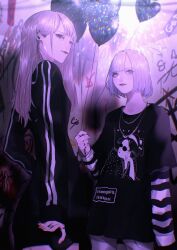 Rule 34 | 2girls, absurdres, aegyo sal, arm at side, balloon, barbell piercing, black eyes, black shirt, black sweater, blonde hair, bob cut, breasts, cellphone, chain, chain necklace, closed mouth, collarbone, commentary, cowboy shot, ear piercing, earlobe stretcher, eyelashes, graffiti, grey eyes, grey pants, heart balloon, highres, holding, holding balloon, holding phone, jewelry, layered sleeves, light smile, long hair, long sleeves, looking at viewer, looking to the side, mano aaa, multiple girls, multiple rings, necklace, original, pants, phone, piercing, print shirt, red lips, ring, shirt, short over long sleeves, short sleeves, sleeves past wrists, small breasts, smartphone, standing, sweater, t-shirt