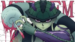 Rule 34 | 1boy, absurdres, arthropod boy, character name, colored skin, commentary, english commentary, green skin, highres, hunter x hunter, kursage, meruem, purple eyes, solo, tail, white background
