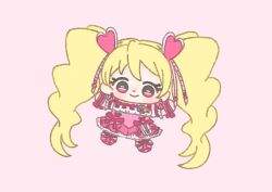 Rule 34 | 1girl, absurdly long hair, blonde hair, boots, bow, chibi, closed mouth, cross-laced clothes, cross-laced dress, cure peach, dot nose, dress, dress bow, earrings, eyelashes, fresh precure!, frilled dress, frilled sleeves, frills, hair between eyes, hair ornament, happy, heart, heart earrings, heart hair ornament, ichigo usuhana, jewelry, knee boots, light blush, long hair, looking at viewer, magical girl, momozono love, outstretched arms, pink background, pink boots, pink bow, pink dress, pink eyes, pink theme, pink thighhighs, precure, puffy short sleeves, puffy sleeves, ribbon-trimmed dress, ribbon trim, short dress, short sleeves, simple background, smile, solo, square neckline, tareme, thighhighs, twintails, very long hair, waist bag, wavy hair, white bag, wrist bow, wristband