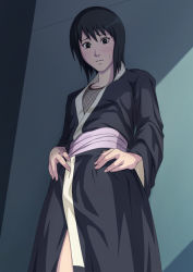 Rule 34 | 1girl, black eyes, black hair, female focus, fishnets, from below, japanese clothes, kimono, looking at viewer, naruto (classic), naruto (series), obi, sash, shizune (naruto), short hair, solo, standing, tk (tk&#039;s level4)