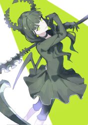 Rule 34 | 1girl, black choker, black dress, black hair, black horns, black leggings, black rock shooter, choker, dead master, dress, green eyes, highres, holding, holding scythe, horns, kuthi0510, leggings, long hair, scythe, skeletal hand, solo, wings