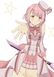 1girl absurdres blush bow bowtie braid breasts hat highres hoshizaki_akari long_sleeves looking_at_viewer mini_hat ongeki outstretched_arm outstretched_hand pink_eyes pink_hair short_hair skirt small_breasts smile solo striped_bow thighhighs watagumo_yuki weapon white_background