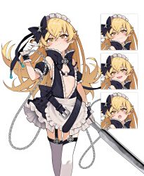 Rule 34 | 1girl, :d, :o, absurdres, alternate costume, anomarasu, apron, bare shoulders, belt, bikini, bikini top only, black bikini, black bow, black dress, black garter straps, black sleeves, blonde hair, blush stickers, bow, chain, collar, collared dress, dress, earrings, fang, feet out of frame, frilled collar, frills, garter straps, gloves, hair bow, highres, holding, holding weapon, jewelry, long hair, looking at viewer, loose belt, maid apron, maid headdress, monogatari (series), multiple expressions, o-ring, o-ring top, open mouth, oshino shinobu, puffy sleeves, skin fang, sleeveless, sleeveless dress, smile, standing, star (symbol), stud earrings, swimsuit, thighhighs, very long hair, wavy mouth, weapon, white background, white gloves, white thighhighs, yellow eyes