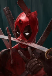 1boy absurdres arm_up blood blood_from_mouth blood_on_face bullet_hole burn_scar deadpool deadpool_(series) highres impaled injury katana male_focus marvel mask nazgul_(5511474) no_pupils scar solo sparkle superhero_costume sword sword_in_mouth teeth upper_body v weapon weapon_on_back white_eyes