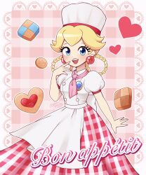 1girl apron blonde_hair blue_eyes braid braided_hair_rings brooch chef_hat cookie earrings finger_to_mouth food french_text hair_rings hat heart highres jewelry looking_at_viewer mario_(series) nintendo official_alternate_costume official_alternate_hairstyle open_mouth patissiere_peach pichi_peachy pink_background pink_skirt plaid_background plaid_clothes plaid_skirt princess_peach princess_peach:_showtime! puffy_short_sleeves puffy_sleeves shirt short_sleeves skirt solo sphere_earrings teeth upper_teeth_only white_apron white_hat white_shirt
