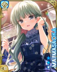 1girl :d apron blue_apron card_(medium) close-up day dress girlfriend_(kari) grey_dress grey_eyes indoors long_hair looking_at_viewer masaoka_mai official_art open_mouth qp:flapper smile solo_focus standing table tagme wooden_floor