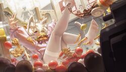 Rule 34 | 1boy, 2girls, absurdres, ahoge, animal ear fluff, animal ears, artist name, ball, ball pit, bobadd, burger, chain-link fence, chicken (food), coca-cola, cola, colonel sanders, commentary request, commission, cup, disposable cup, egg tart, feet, fence, food, french fries, fried chicken, highres, ice, ice cube, kfc, long sleeves, multiple girls, no shoes, one eye closed, original, pantyhose, purple eyes, soles, solo focus, tail, thighband pantyhose, variant set, white hair, white pantyhose