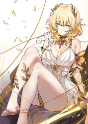1girl absurdres aglaea_(honkai:_star_rail) ancient_greek_clothes barefoot blonde_hair breast_tattoo breasts cleavage commentary_request dress feet gold_panties greco-roman_clothes green_eyes highres honkai:_star_rail honkai_(series) kkkula_(kula) large_breasts laurel_crown nail_polish paid_reward_available short_hair simple_background sitting soles solo tattoo thread toenail_polish toenails toes white_background white_dress
