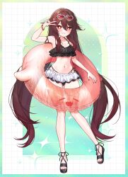 1girl absurdres alternate_costume bikini bikini_skirt black_bikini black_nails black_sandals blush bracelet breasts bright_pupils brown_eyes brown_hair collarbone commentary_request eyewear_on_head flower-shaped_pupils frilled_bikini frills full_body genshin_impact grin halterneck heart heart-shaped_eyewear highres hu_tao_(genshin_impact) ineka_ka innertube jewelry long_hair looking_at_viewer nail_polish navel red-tinted_eyewear sandals small_breasts smile solo standing swim_ring swimsuit symbol-shaped_pupils tinted_eyewear toenail_polish toenails v very_long_hair white_pupils