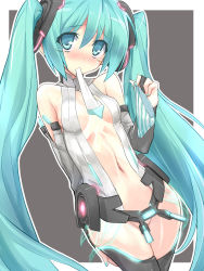 1girl aqua_eyes aqua_hair bare_shoulders blush breasts bridal_gauntlets center_opening eeeeee female_focus hatsune_miku hatsune_miku_(append) highres holding holding_panties holding_underwear holding_unworn_clothes long_hair mouth_hold navel necktie no_panties panties solo striped_clothes striped_panties tears thighhighs twintails underwear very_long_hair vocaloid vocaloid_append