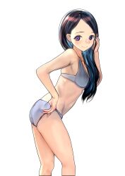 1girl absurdres armpits ass bare_shoulders bikini black_hair blue_bikini blue_hair blush breasts closed_mouth emutsuichi highres long_hair looking_at_viewer original purple_eyes simple_background small_breasts smile solo standing stomach swimsuit white_background