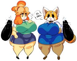 2boys 2girls aggressive_retsuko animal_crossing animal_ears ass breasts dark-skinned_male dark_skin dog dog_ears english_text furry furry_female furry_with_non-furry highres huge_ass huge_breasts interracial interspecies isabelle_(animal_crossing) lewd_dorky multiple_boys multiple_girls nintendo penis retsuko simple_background speech_bubble surprised veins veiny_penis white_background