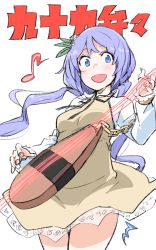 1girl biwa_lute blush crotchet_rest dress female_focus flower frills hair_flower hair_ornament highres instrument long_hair looking_at_viewer lute_(instrument) music musical_note quaver short_dress singing solo touhou tsukumo_benben twintails zk_(zk_gundan)