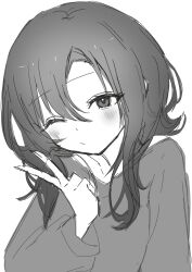 1girl blowing_kiss breasts character_request highres looking_at_viewer medium_hair monochrome one_eye_closed puckered_lips small_breasts sweater v wink