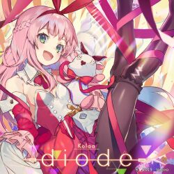 Rule 34 | 1girl, :d, album cover, album name, arcaea, bare shoulders, black boots, black pantyhose, boots, braid, breasts, buttons, clip studio paint (medium), commentary request, copyright notice, cover, detached collar, detached sleeves, double-breasted, feet out of frame, frilled sleeves, frills, green eyes, hairband, half up braid, kikkaiki, kou (arcaea), legs up, leotard, long hair, looking at viewer, medium breasts, multicolored leotard, official art, open mouth, pantyhose, pink hair, pleated skirt, red hairband, red leotard, red ribbon, red skirt, red sleeves, ribbon, skirt, sleeves past fingers, sleeves past wrists, smile, solo, strapless, strapless leotard, stuffed animal, stuffed toy, thigh boots, too many ribbons, two-tone leotard, very long sleeves, white leotard