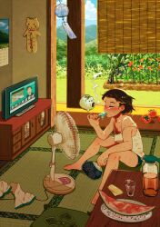 1girl barefoot blue_shorts blush bottle calendar_(object) cloud condensation cup cushion day electric_fan food fruit grass hand_fan highres holding holding_food holding_popsicle indoors kayari_buta melting_popsicle mountain nagare750 on_floor one_eye_closed original plant plate popsicle shorts sitting sky solo strap_slip summer sweat table tank_top tatami thermometer tomato watermelon watermelon_slice white_tank_top wind_chime