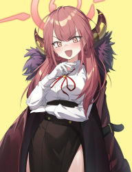 1girl aru_(blue_archive) black_skirt blue_archive blush breasts coat coat_on_shoulders deatheach fur_collar gloves halo highres horns long_hair long_sleeves neck_ribbon open_mouth pink_eyes pink_hair red_coat red_ribbon ribbon shirt simple_background skirt solo sweat white_gloves white_shirt yellow_background