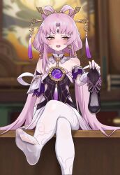 1girl absurdres bare_shoulders blush bow-shaped_hair constellation constellation_print crossed_legs dalcom detached_sleeves dress feet feixianji_(hairstyle) forehead_jewel fu_xuan_(honkai:_star_rail) hair_ornament hair_rings hair_stick highres holding holding_unworn_clothes honkai:_star_rail honkai_(series) long_hair looking_at_viewer low_twintails pantyhose parted_bangs pink_hair shoes sitting soles solo sweatdrop tassel tassel_hair_ornament toes twintails unworn_shoes white_pantyhose yellow_eyes