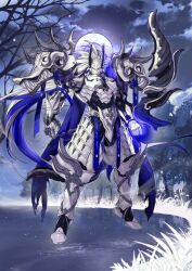 1boy armor armored_boots armored_gloves blue_cape blue_hair boots breastplate cape covered_face dd_(vktr4837) fate/grand_order fate_(series) full_armor full_body game_cg gauntlets glowing japanese_armor kusazuri legs_apart long_hair male_focus minamoto_no_tametomo_(fate) minamoto_no_tametomo_(first_ascension)_(fate) multicolored_hair official_art ponytail samurai shoulder_armor solo streaked_hair third-party_source variant_set very_long_hair white_armor white_hair