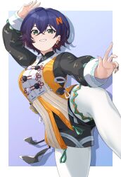 1girl absurdres belle_(delicate_sunlight)_(zenless_zone_zero) belle_(zenless_zone_zero) blue_hair chinese_clothes dress dress_over_shirt green_eyes hair_between_eyes hair_ornament highres kirima_(user_danf8787) letter_hair_ornament long_sleeves looking_at_viewer orange_dress pantyhose short_hair smile standing standing_on_one_leg white_pantyhose zenless_zone_zero