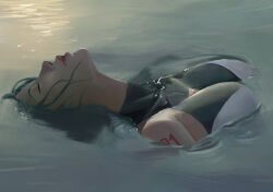 1girl absurdres afloat aqua_hair black_one-piece_swimsuit chinese_commentary closed_eyes collarbone commentary_request dated_commentary day hatsune_miku highres mio_20593748 number_tattoo one-piece_swimsuit outdoors parted_lips realistic solo swimsuit tattoo vocaloid water wet wet_clothes wet_hair wet_swimsuit white_one-piece_swimsuit
