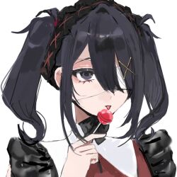 1girl alternate_costume ame-chan_(needy_girl_overdose) bandage_over_one_eye black_eyes black_hair candy food frilled_sleeves frills hair_between_eyes hair_ornament hair_over_one_eye highres holding holding_candy holding_food holding_lollipop licking_object lollipop looking_at_viewer maid_headdress neck_ribbon needy_girl_overdose portrait ribbon sanmanako sidelocks solo tongue tongue_out x_hair_ornament