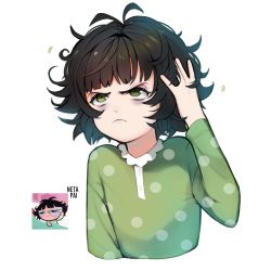 Rule 34 | 1girl, absurdres, bags under eyes, black hair, buttercup (ppg), buttercup redraw challenge (meme), frown, green eyes, grey shirt, highres, looking at viewer, meme, netapai1, powerpuff girls, reference inset, screenshot inset, shirt, short hair, simple background, sleepwear, sleepy, white background