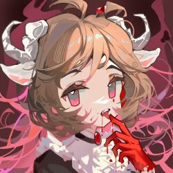 1girl absurdres alternate_costume ambiguous_red_liquid arknights brown_hair commentary commentary_request eyjafjalla_(arknights) gem hair_ornament highres horns kuangketi licking_own_finger long_hair looking_at_viewer medium_hair messy_hair open_mouth pink_hair portrait red_eyes red_gemstone sheep_girl sheep_horns solo teeth tongue tongue_out upper_body upper_teeth_only white_horns
