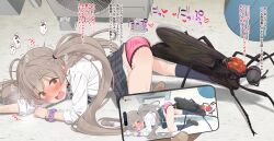 1girl all_fours ass-to-ass_penetration bestiality black_shoes black_skirt blue_socks bug cellphone clothing_aside commentary_request grey_hair hakozaki_serika highres holding holding_phone idolmaster idolmaster_million_live! long_hair long_sleeves miniskirt neku_oneneko open_mouth paid_reward_available panties panties_aside phone pink_panties plaid_clothes plaid_skirt purple_scrunchie recording scrunchie sex_with_insects shirt shoes skirt smartphone socks sound_effects top-down_bottom-up translation_request twintails underwear variant_set white_shirt wrist_scrunchie yellow_eyes