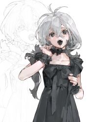 1girl baifeidaiwang black_dress black_eyes black_tongue dress fangs grey_hair highres long_hair open_mouth original wrist_cuffs