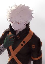 1boy bakugou_katsuki blonde_hair boku_no_hero_academia gloves green_gloves high_collar highres looking_at_viewer male_focus red_eyes short_hair simple_background solo soru_2023 spiked_hair superhero_costume teeth toned toned_male twitter_username upper_body white_background