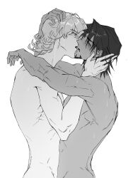 2boys arm_on_another&#039;s_shoulder ass barnaby_brooks_jr. blush completely_nude cowboy_shot curtained_hair dark-skinned_male dark_skin facial_hair goatee groin hand_on_another&#039;s_face hand_on_another&#039;s_head highres kaburagi_t._kotetsu kiss male_focus medium_hair multiple_boys nude pectorals profile rnrfml saliva sidepec standing sweat tiger_&amp;_bunny yaoi