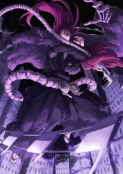 1boy abarai_renji absurdres bankai black_hakama black_kimono bleach bleach:_sennen_kessen-hen blurry commentary_request covered_mouth depth_of_field fighting_stance floating_hair forehead_tattoo full_body fur-trimmed_kimono fur_trim hakama headband highres holding holding_weapon incoming_attack japanese_clothes kimono long_hair long_sleeves looking_at_viewer male_focus midair mitarashi_(5333069) night nose outdoors red_hair solo souou_zabimaru_(bankai) tabi v-shaped_eyebrows weapon