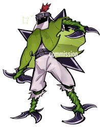 Rule 34 | 1boy, belt, chinese commentary, cloak, commission, confeito000 333, digimon, digimon (creature), forehead protector, full body, glowing, glowing eyes, green cloak, highres, leaf clothing, ninja, pants, red hair, second-party source, shaded face, shirt, shuriken, shurimon, simple background, solo, sparkle, weapon, white background, white pants, white shirt, yellow eyes