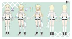 1girl bandeau bare_arms bare_shoulders blonde_hair blue_eyes breasts clothing_cutout crop_top detached_collar detached_sleeves double_bun full_body hair_bun highres jaeyun kneehighs medium_breasts midriff miniskirt multiple_views navel original reference_sheet shoes skirt socks standing stomach strapless thighs tube_top underboob underboob_cutout white_bandeau white_skirt white_socks