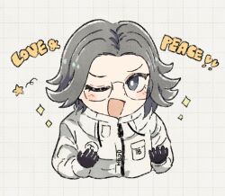1boy aotsuki_eito black_gloves blush chibi cropped_torso dnrndmk drawstring english_text glasses gloves grey_eyes grey_hair grid_background jacket male_focus one_eye_closed short_hair smile sparkle star_(symbol) the_hundred_line_-last_defense_academy- white_jacket