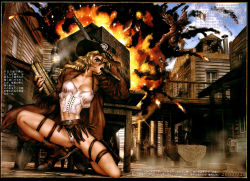 1girl artbook blonde_hair blue_eyes boots breasts cigar cleavage cloud coat cowboy_boots cowboy_hat cowboy_western dynamite explosion explosive female_focus fringe_trim gun hat highres jacket juliona_trans juriona_trans kneeling large_breasts leather leather_jacket midriff navel panties sexually_suggestive shirou_masamune shotgun shovel sign sky solo thigh_strap translation_request underwear weapon white_panties wild_wet_west worktool