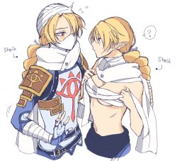 1boy 1girl ? blush braid breasts character_name dual_persona fingerless_gloves flying_sweatdrops genderswap genderswap_(ftm) gloves mask miri_(cherryjelly) mouth_mask nervous nintendo pointy_ears red_eyes sarashi scarf sheik simple_background single_braid spoken_question_mark the_legend_of_zelda the_legend_of_zelda:_ocarina_of_time turban white_background white_scarf