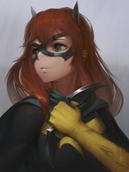 1girl absurdres batgirl black_bodysuit black_mask blue_cape bodysuit breasts cape commentary dagger dc_comics english_commentary gloves green_eyes grey_background highres holding holding_dagger holding_knife holding_weapon knife large_breasts long_hair looking_to_the_side numanoan orange_hair parted_lips solo upper_body weapon yellow_gloves
