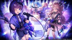 3girls black_boots black_gloves black_hair black_hat black_shirt black_shorts blue_eyes blue_hair blunt_bangs boots breasts brown_hair center_frills drum drum_set drumsticks edajima_denki elbow_gloves electric_guitar flat_chest flower flower_over_eye frills full_body gloves grey_shirt guitar hair_intakes hair_ornament hat highres himekawa_hibiki holding holding_drumsticks holding_guitar holding_instrument holding_microphone idol instrument jacket jirai_kei lin_lang long_hair looking_at_viewer mahjong_soul medium_breasts microphone multicolored_hair multiple_girls music necktie official_art official_wallpaper one_eye_closed open_mouth peaked_cap playing_instrument purple_background purple_flower purple_jacket purple_necktie purple_rose rose shinomiya_fuyumi shirt short_hair shorts sleeveless sleeveless_shirt smile standing streaked_hair two_side_up white_flower white_rose x_hair_ornament