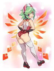 1girl ahoge ass azure_striker_gunvolt bare_shoulders blue_eyes blush breasts cougar_(cougar1404) from_behind gloves green_hair headgear leotard looking_at_viewer looking_back medium_breasts open_mouth roro_(gunvolt) short_hair sideboob smile solo thick_thighs thighhighs thighs wedgie wings