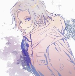 1boy aotsuki_eito blue_eyes closed_mouth drawstring glasses grey_background limited_palette looking_at_viewer male_focus parted_hair pink_background simple_background solo solo_focus the_hundred_line_-last_defense_academy- upper_body white_background white_hair